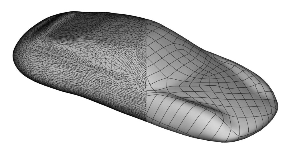 Split view of a 3D scan and NURBs surface model of a sportscar