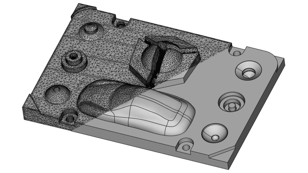 Split view of a 3D scan and a solid model of the Holocreators demo part