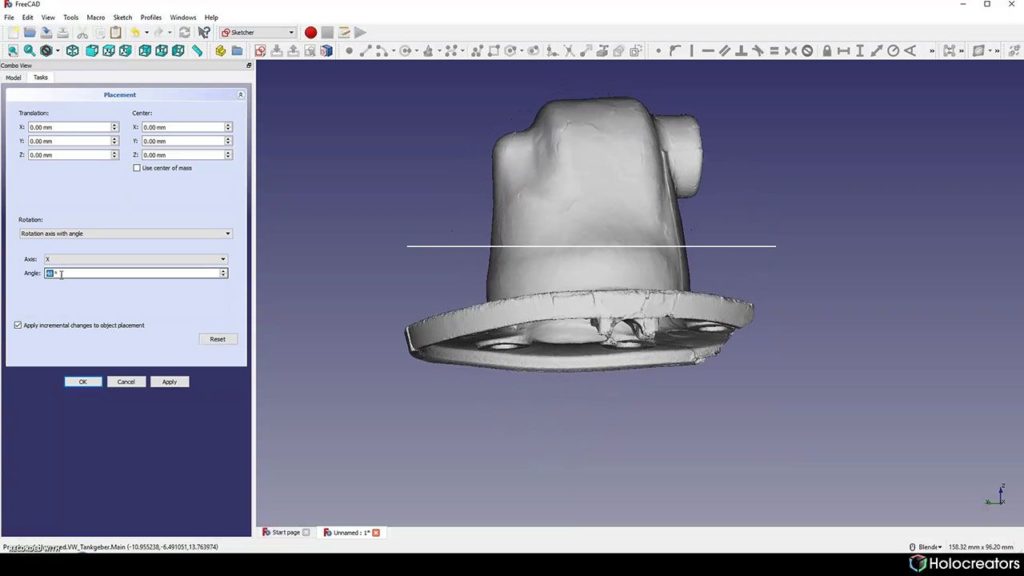 Rotating the 3D scan in Freecad so its perpendicular to the reference circle