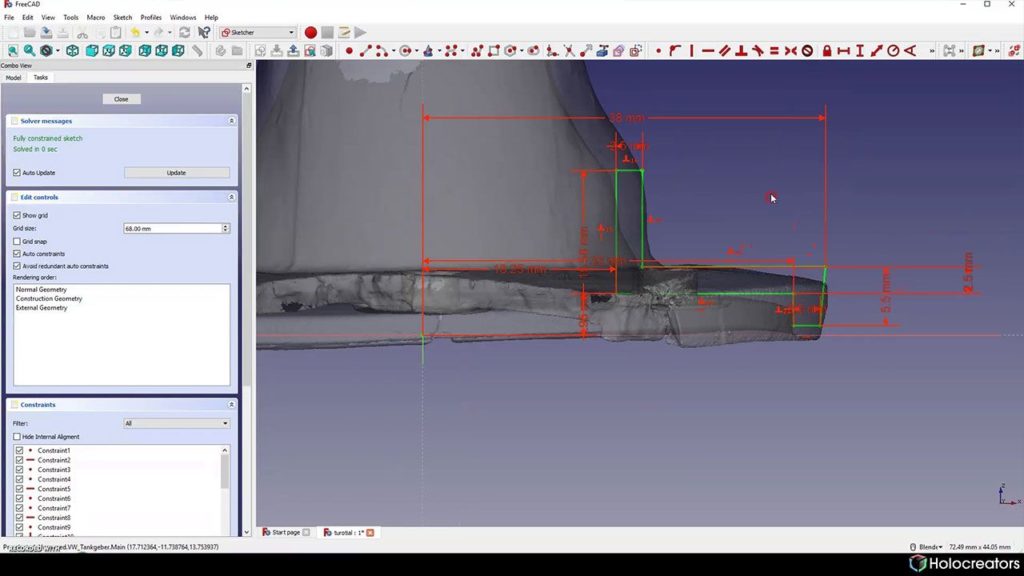 Fully-constrained green sketch in Freecad