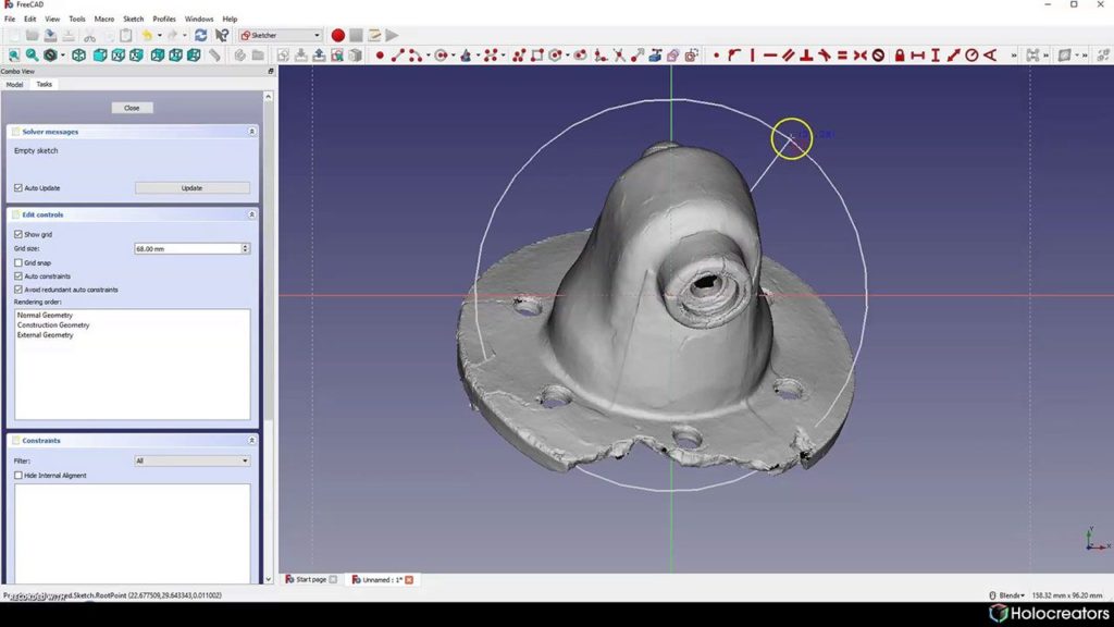 Creating a circle on the 3D scan with the sketcher in Freecad