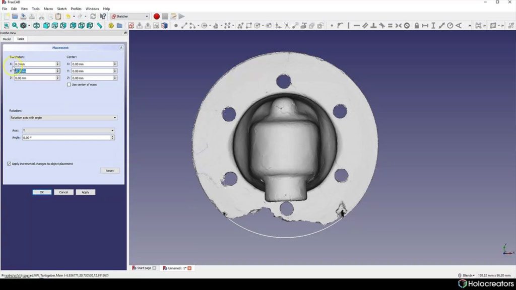 Moving the 3D scan until its in the center of the reference circle