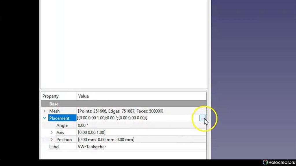 Placement tab and three dots button in Freecad