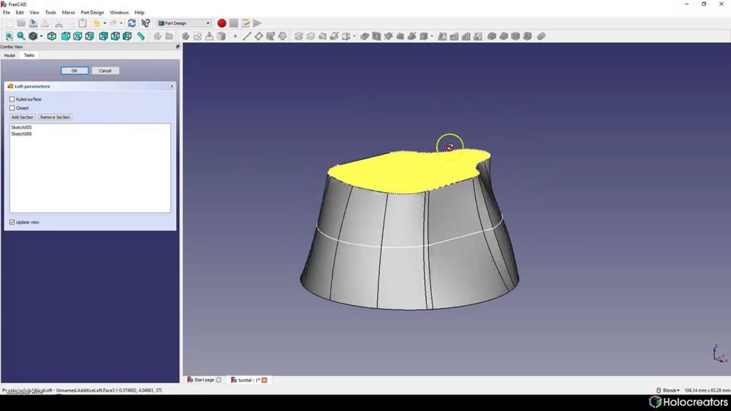 Result of lofting operation in Freecad is a solid model