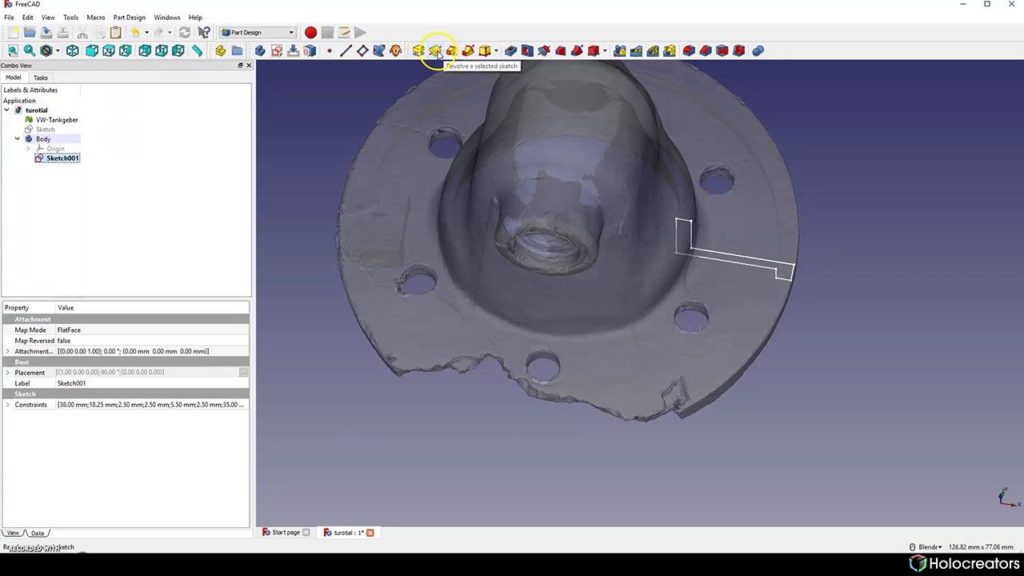 Revolve a Selected Sketch button in Freecad