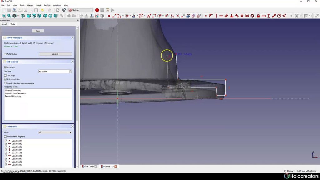 Sketching on the cross-section of a 3D scan in Freecad