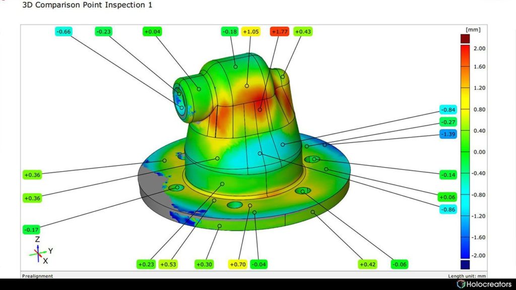 Side-view of the deviation analysis between the original 3D scan and the reverse-engineered solid model