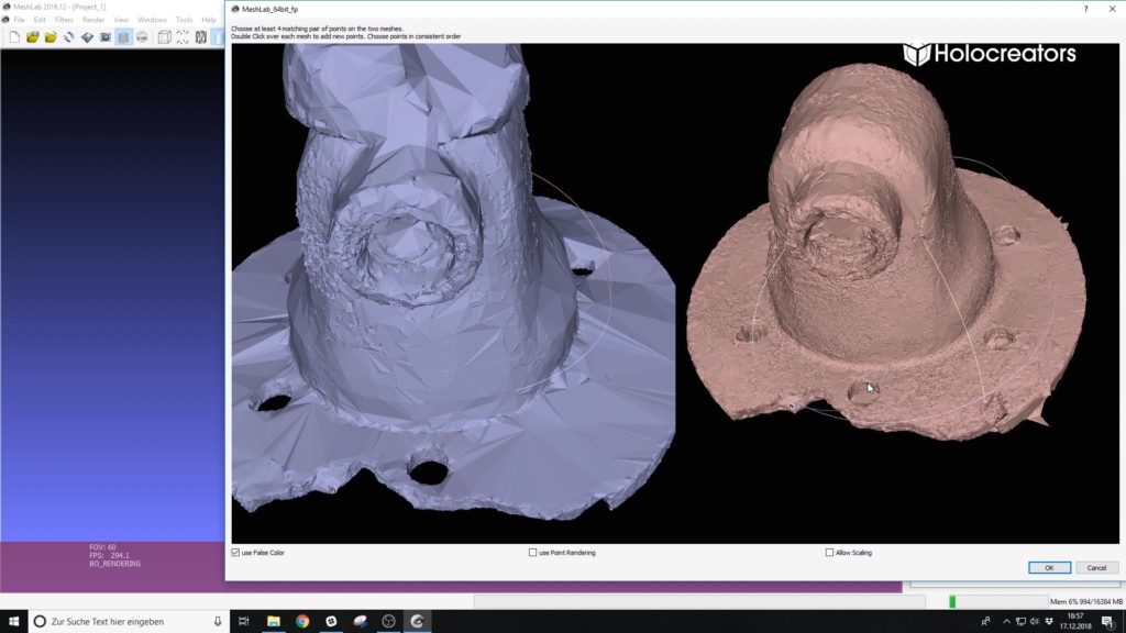 Zwei verschiedenen 3D-Scans werden im Meshlab durch Vergleichen und Markieren übereinstimmender Punkte ausgerichtet.