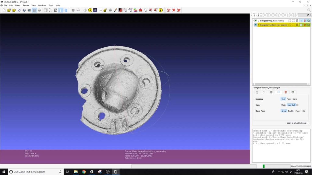 Der untere und obere 3D-Scan wurden in Meshlab importiert.