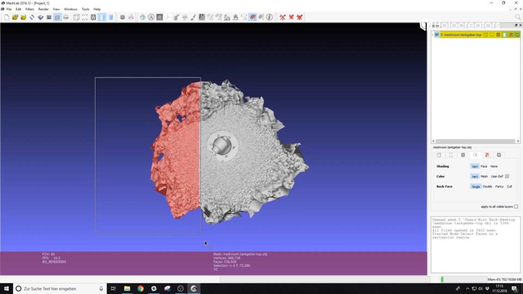 Die Anleitung zeigt, wie die Geometrie des 3D-Scans in Meshlab ausgewählt wird.