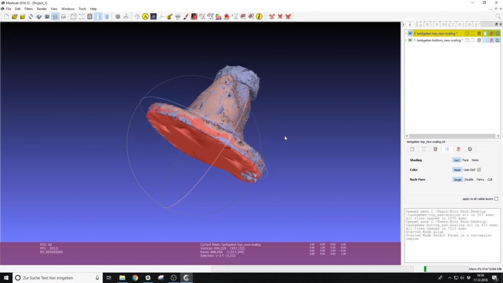 Die überlappende Geometrie aus dem 3D-Scan in Meshlab wird entfernt.