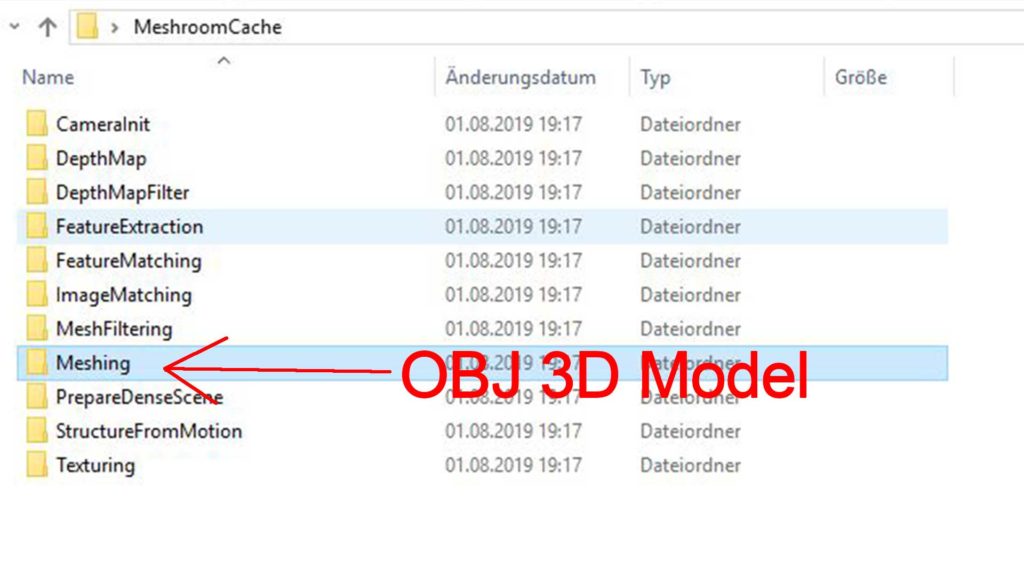 In dem gezeigten Ordner wird das 3D-Modell im obj-Format in Meshroom gespeichert.