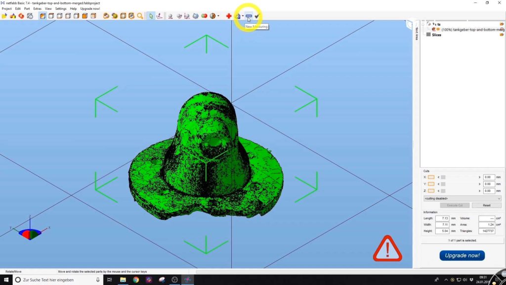 Mit der auf dem Bild gezeigten Schaltfläche kann eine neue Messung in Meshlab vorgenommen werden..