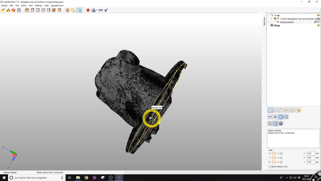 So wird der Radius des 3D-Scans in Netfabb dargestellt.