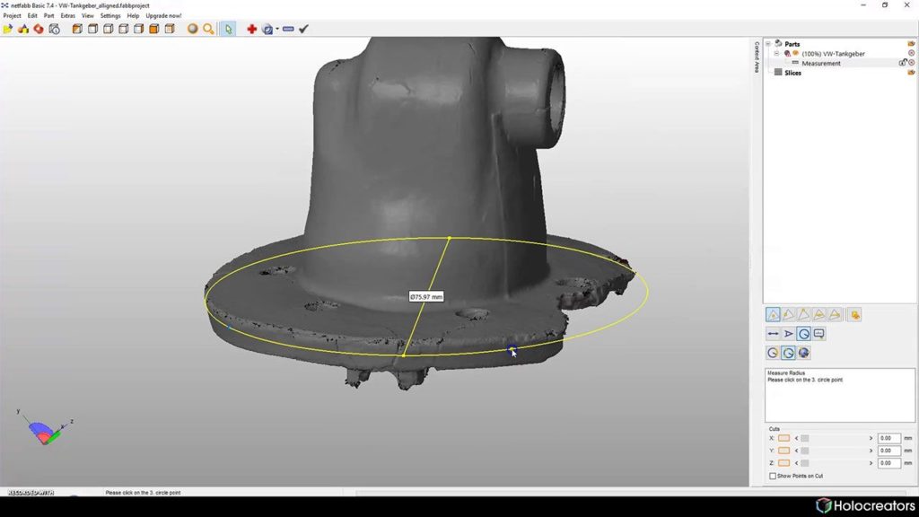 Three-points-on-circle function used to measure 3D scan diameter in Netfabb