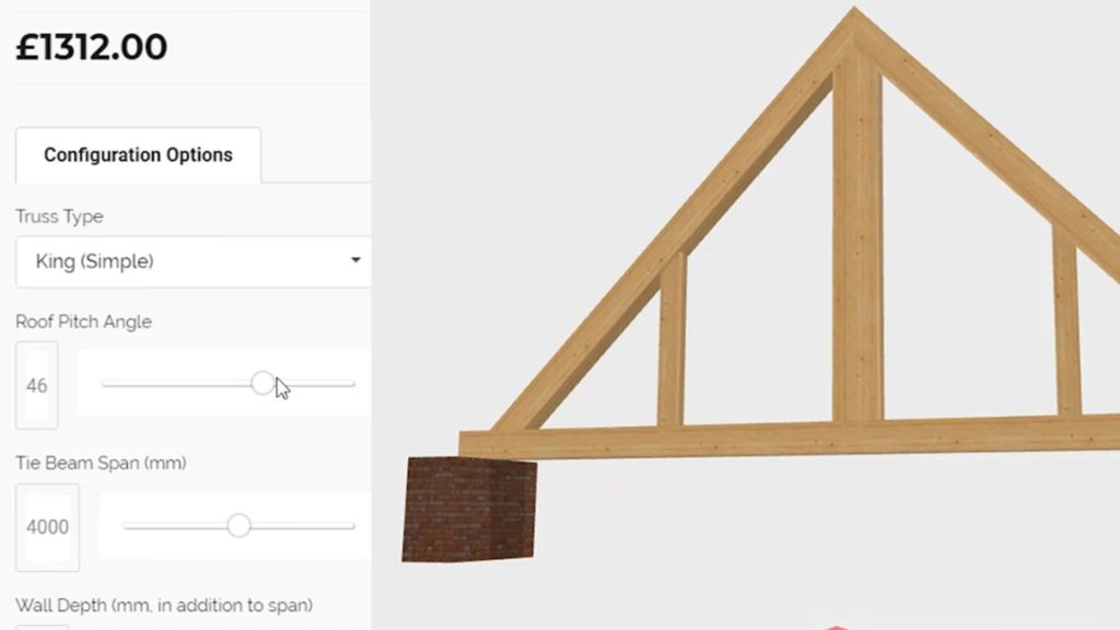 Der 3D-Produktkonfigurator zeigt das 3D-Modell eines Dachstuhls von Oak Beams.