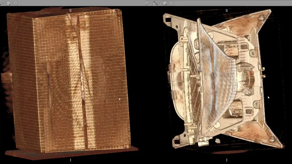 3D-Vorschau von allem was in der Box 3D-gescannt wurde. Links vor Bildfilterung. Rechts nach Bildfilterung. 3D-Vorschau aller Bauteile die in der Box 3D-ct-gescannt wurden. Mit Bildfilterung und ohne.