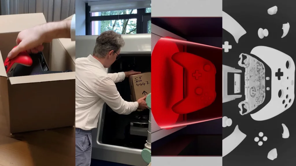 3D-CT-Scan Übersicht Collage, die zeigt, wie ein Gamecontroller verpackt, per 3D-CT gescannt und digital gerendert wird.