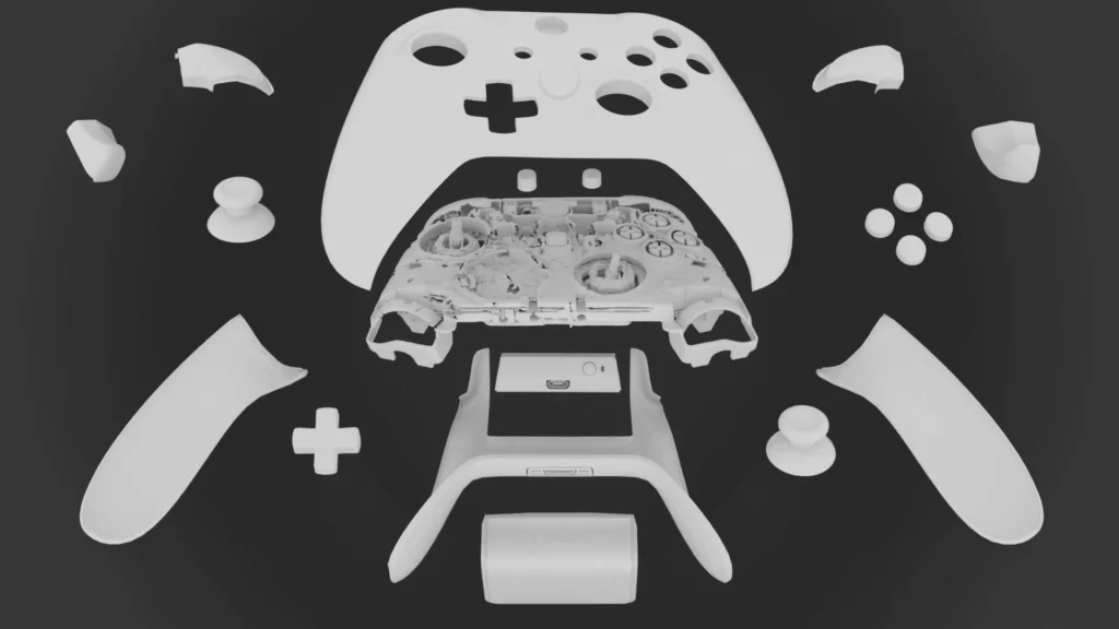 Explosionsansicht des Gamecontrollers mit Einzelteilen Explosionsansicht der einzelnen Gamecontroller-Komponenten in Schwarz-Weiß.